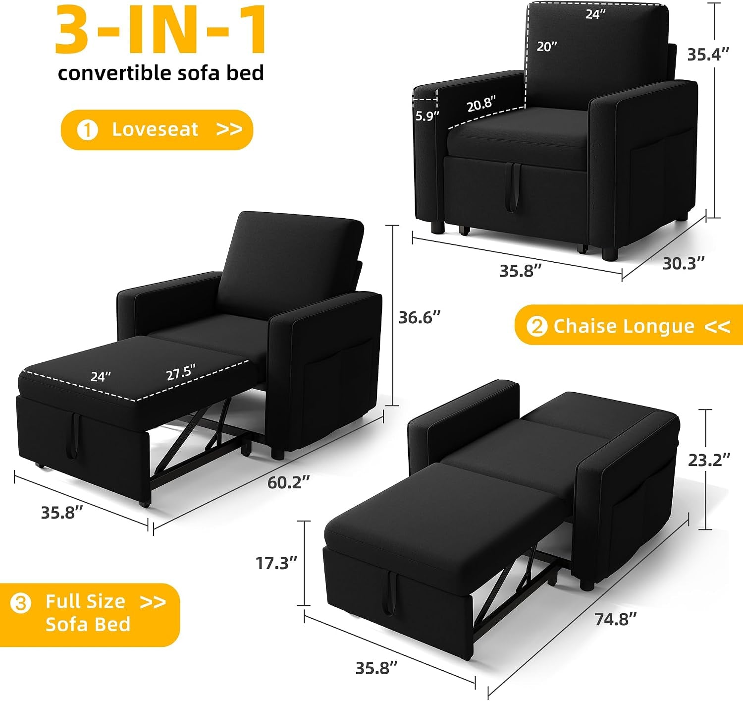 Diagram showing three modes and measurements of the black 3-in-1 convertible chair bed