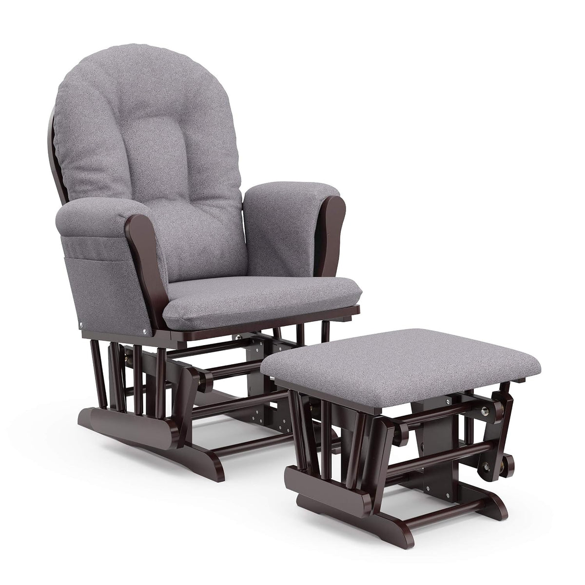 Glider chair and ottoman with dark espresso frame and textured gray upholstery, three-quarter front view.