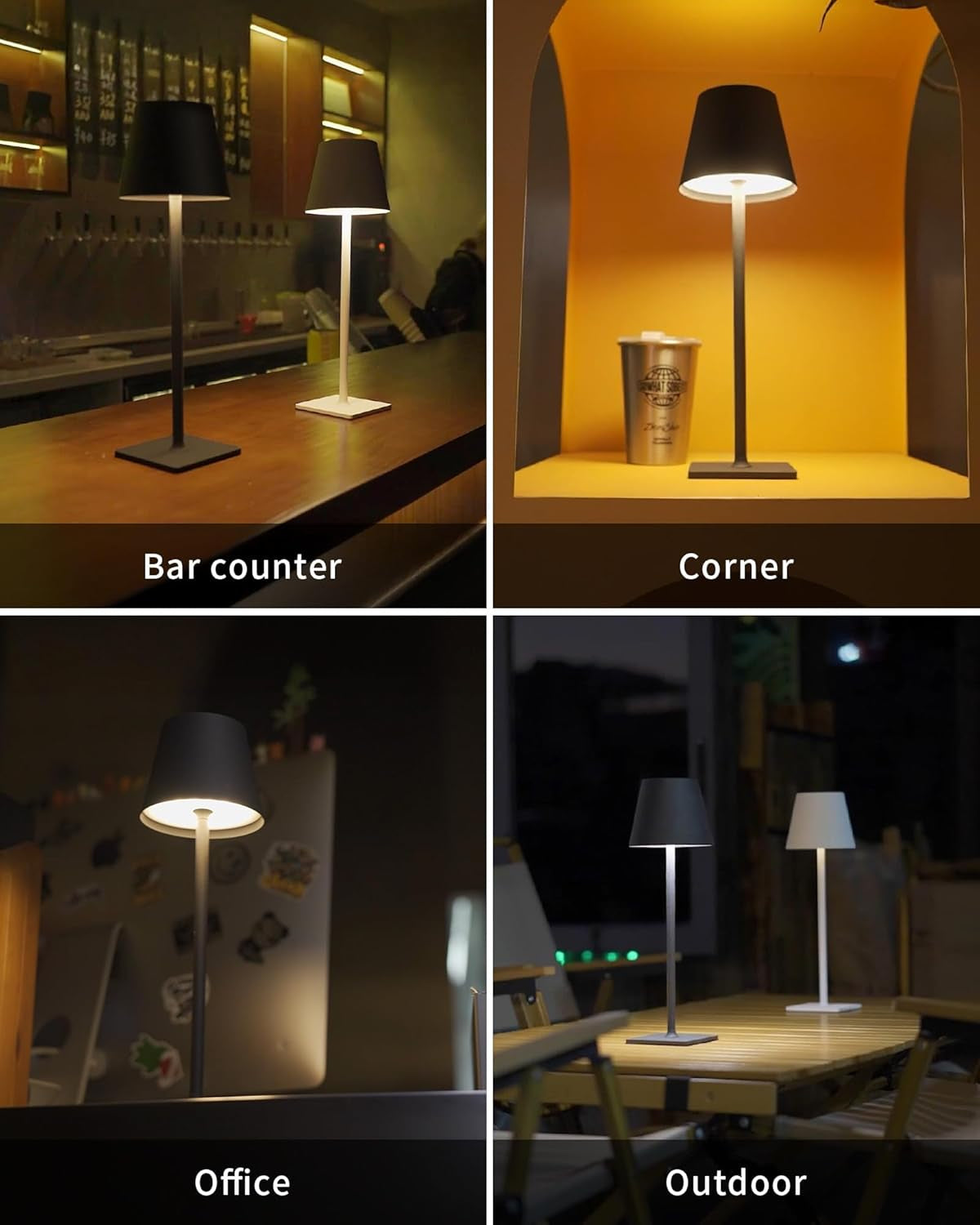 Four photos in a grid showing the lamp used on a bar counter, in a recessed corner, at an office desk, and outdoors on a