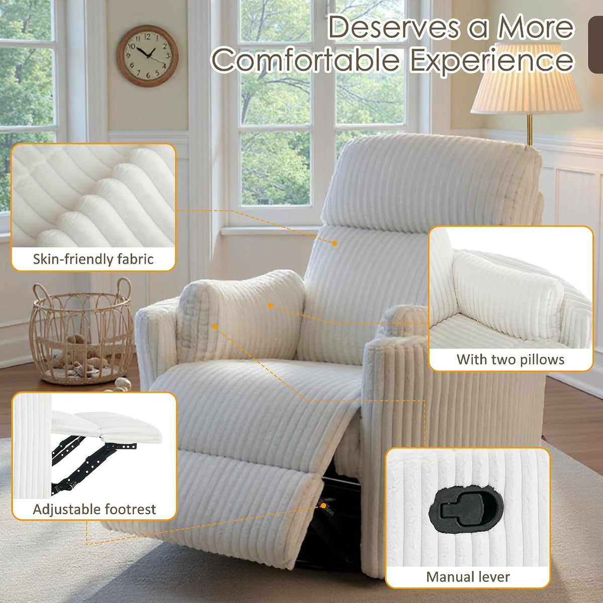 Beige ribbed recliner in a bright room with footrest extended and callout boxes showing fabric, pillows, footrest, and lever.