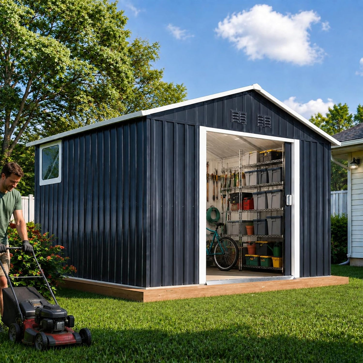 Backyard scene with the shed on a wooden base, open door showing stored bins and a person mowing lawn
