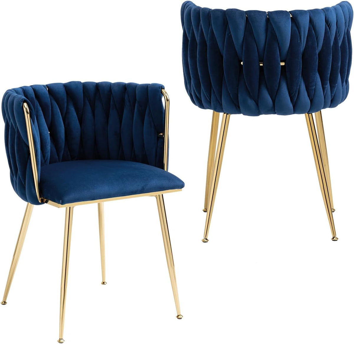Single deep blue velvet dining chair shown front and back, highlighting twisted quilted back and gold legs
