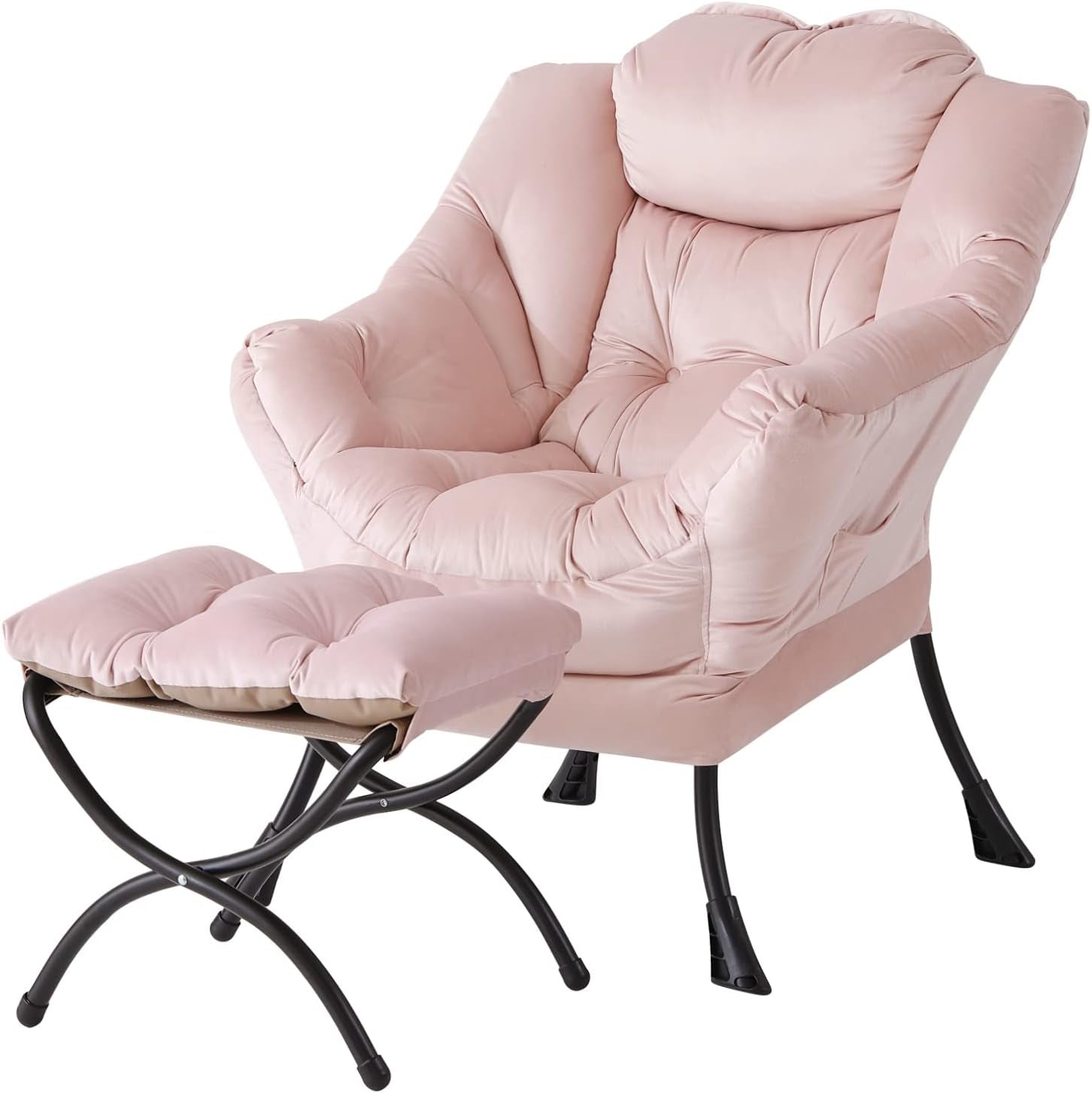 Light pink tufted lounge chair paired with a padded ottoman on crossed black metal legs