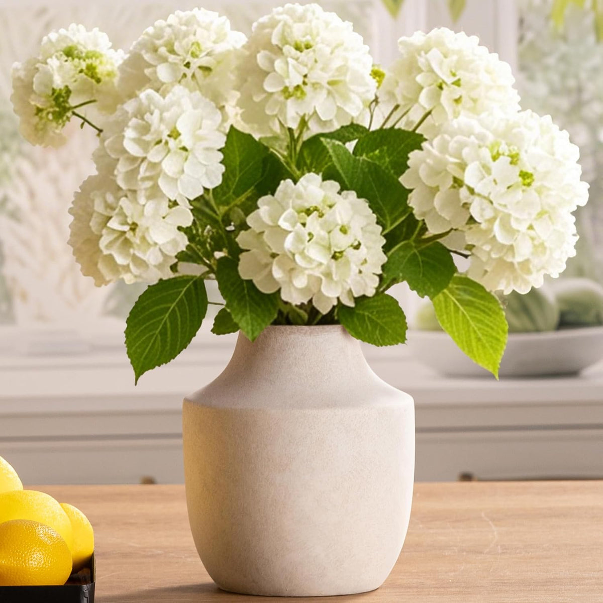 Single pale ceramic vase on a wooden table topped with a bouquet of white hydrangeas; lemons at left.
