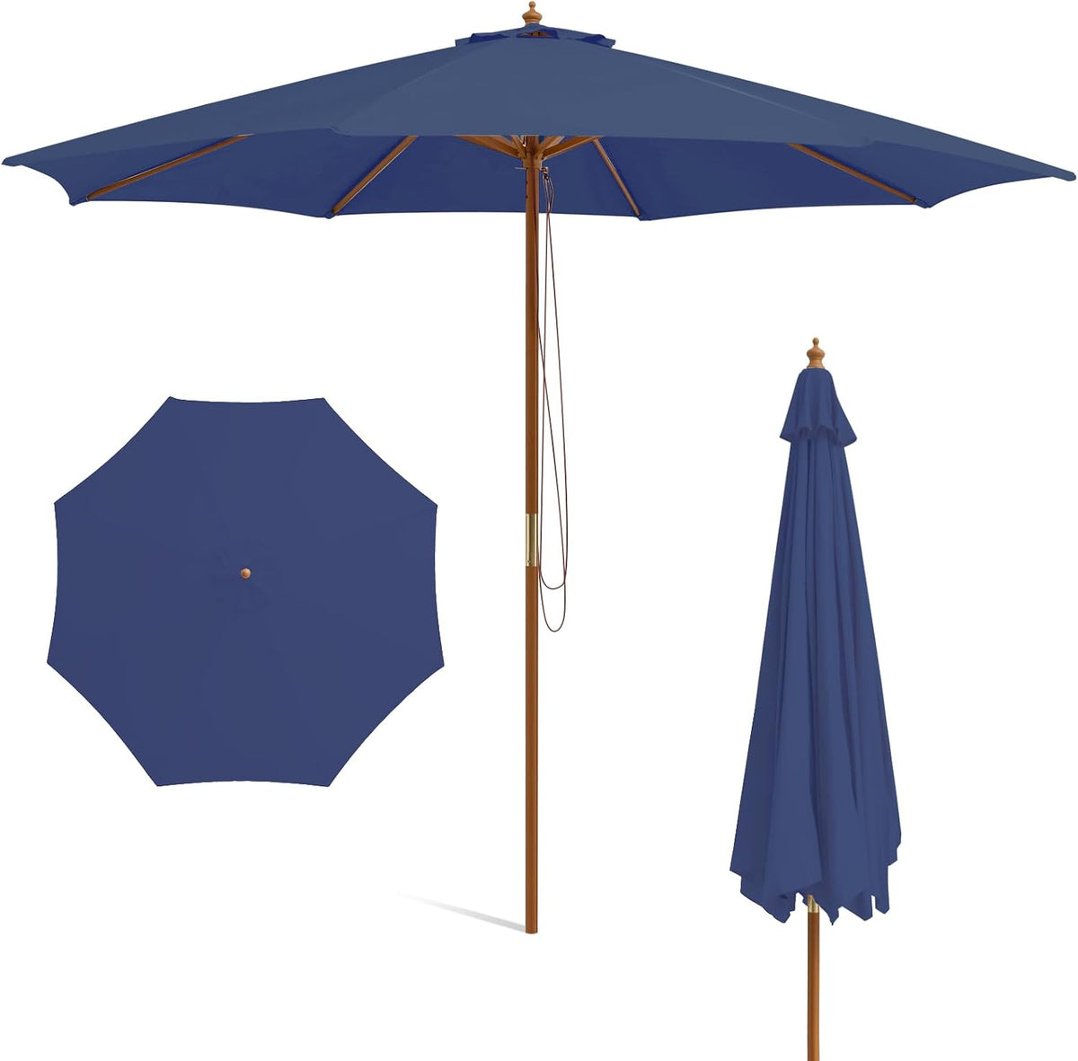 Blue umbrella open overhead with visible ribs and hanging lift rope; closed view at right and top-down inset left.