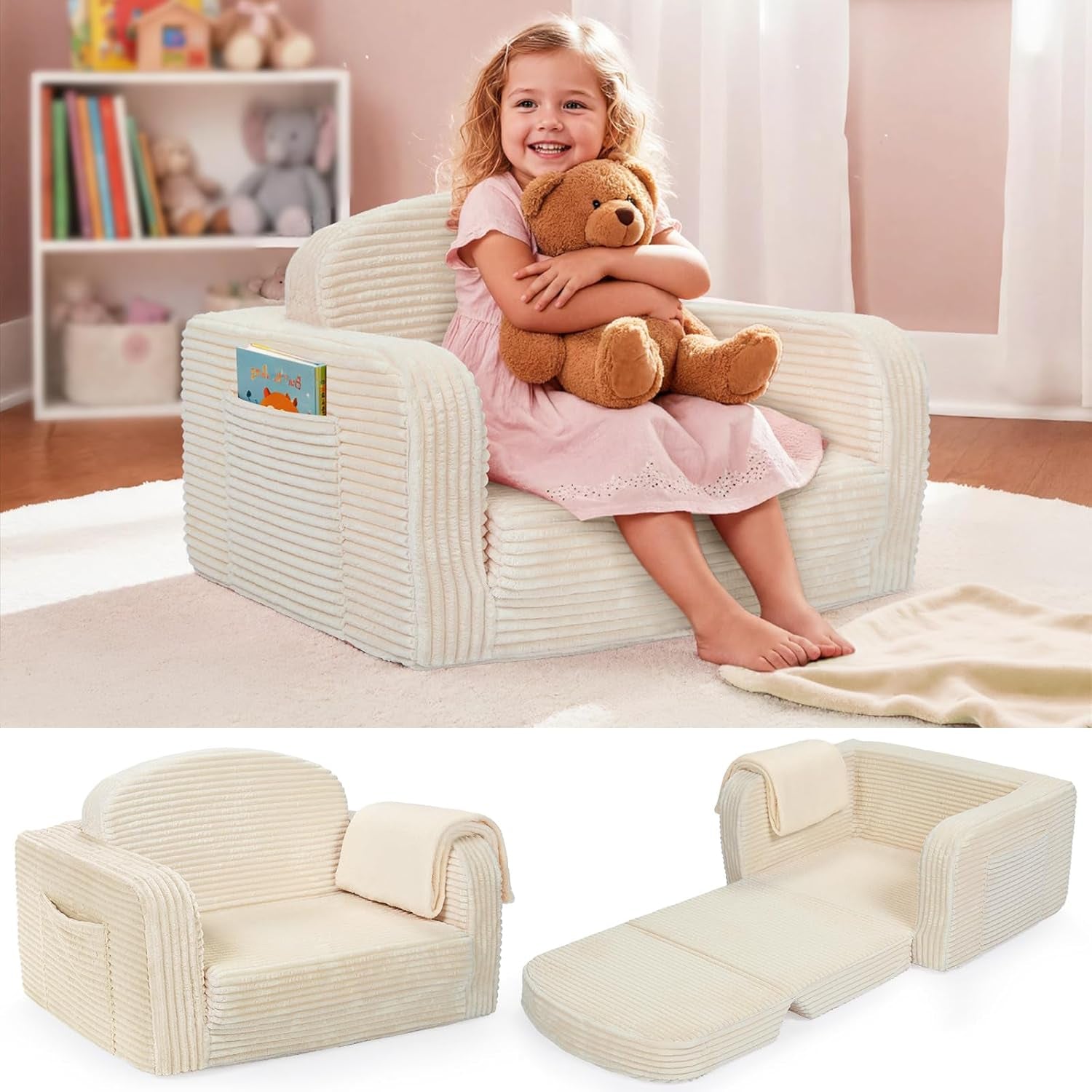 Young girl hugging a teddy on a cream corduroy toddler sofa with a book in the side pocket and product shots below.