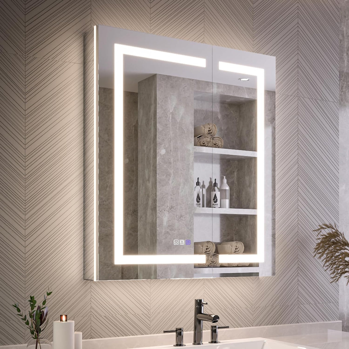 Three-quarter angle showing a vertical LED strip on the mirror, soft glow on patterned wall and chrome faucet on the