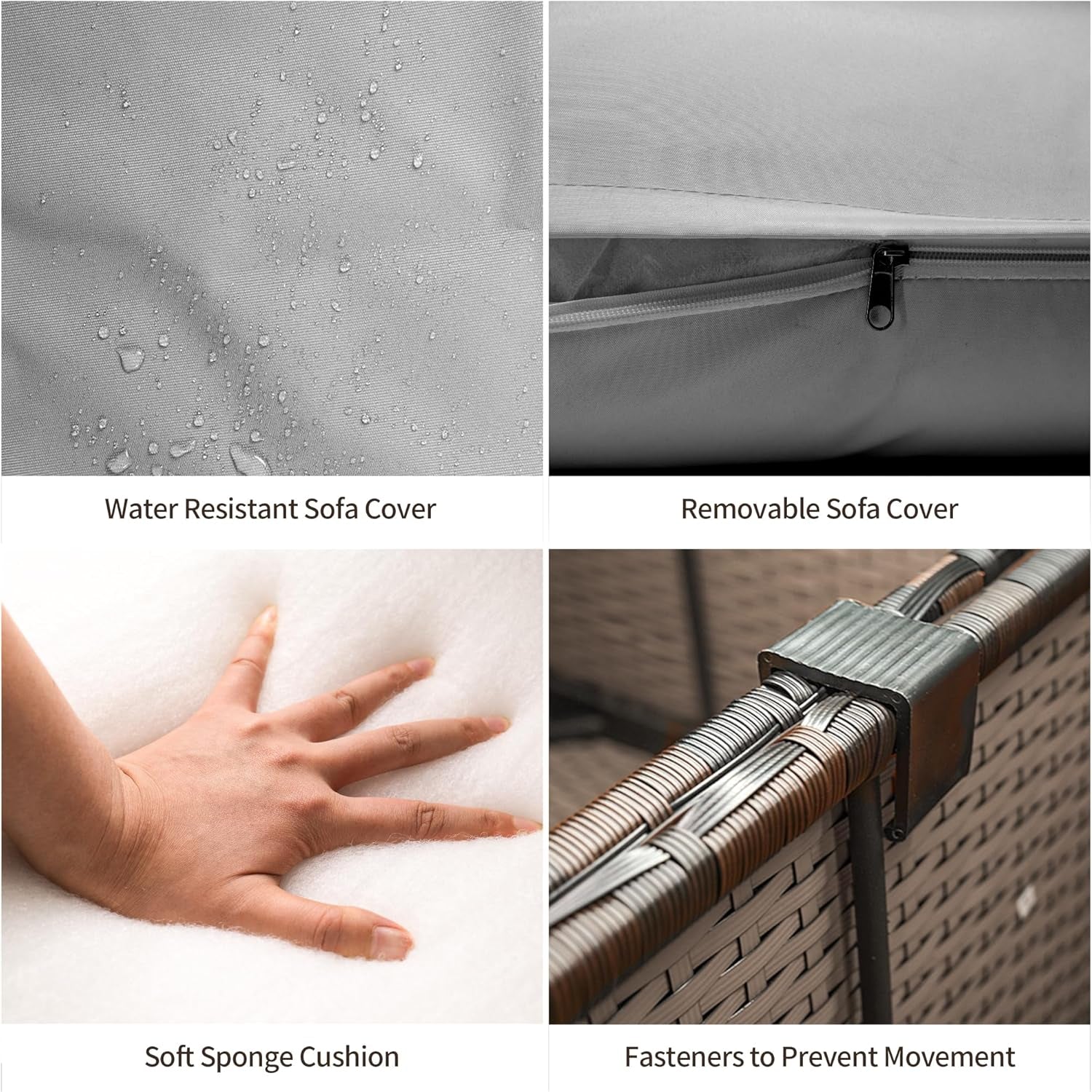 Close-up collage showing water-resistant cushion fabric with zipper, soft sponge cushion, and rattan fastener detail