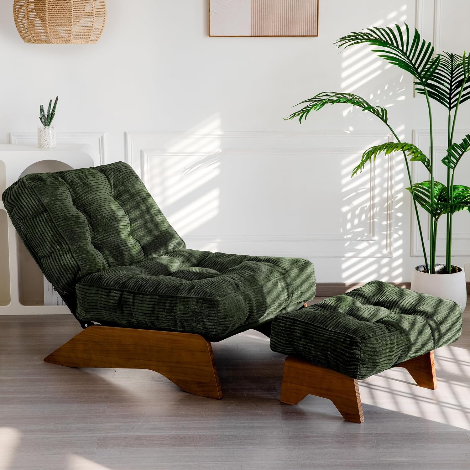 Forest-green corded fabric lounge chair with tufted cushions and matching ottoman.