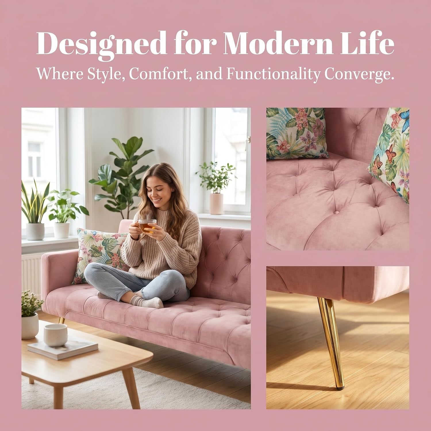 Woman sitting cross-legged on a pink velvet sofa with a floral pillow and gold leg close-up.