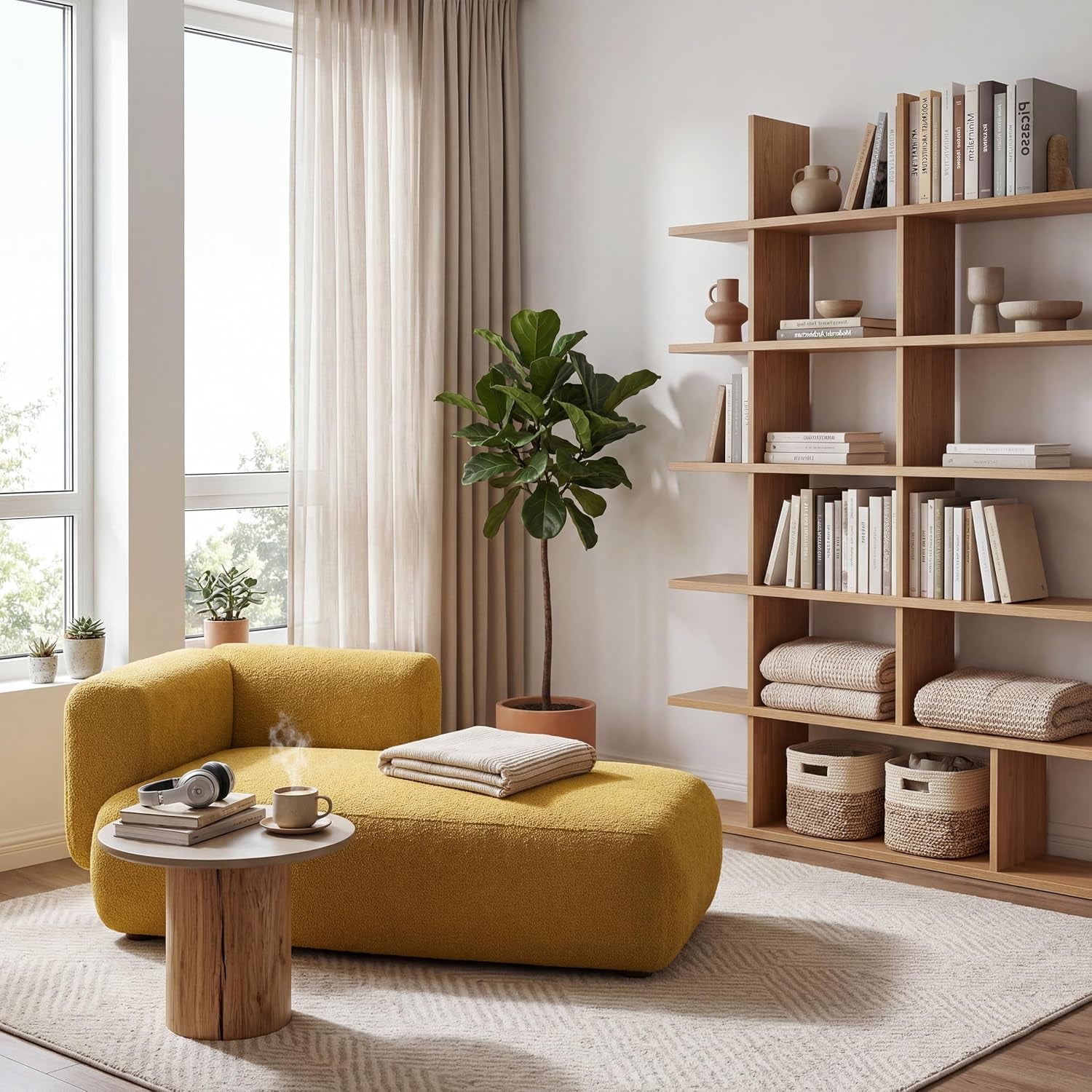 Mustard-yellow boucle chaise in a bright corner beside a round wood side table and open shelving.
