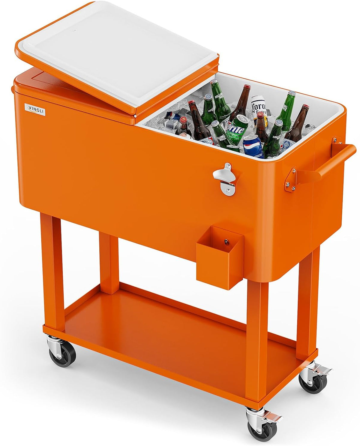 Orange rolling cooler cart with open lid, ice-filled interior, side bottle opener and lower shelf on casters