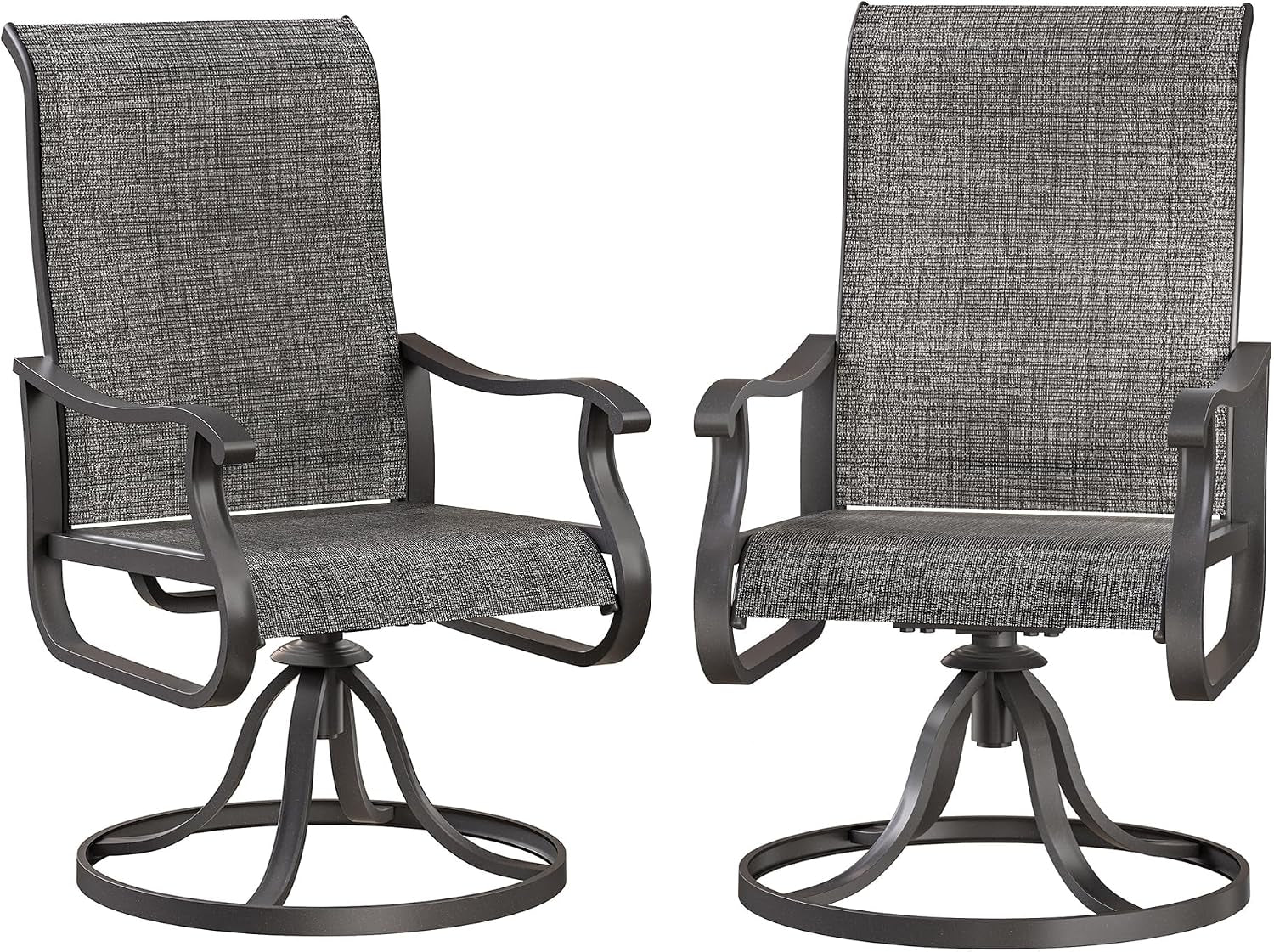 Two matching high-back swivel patio chairs shown side by side with gray woven seats and curved metal arm frames
