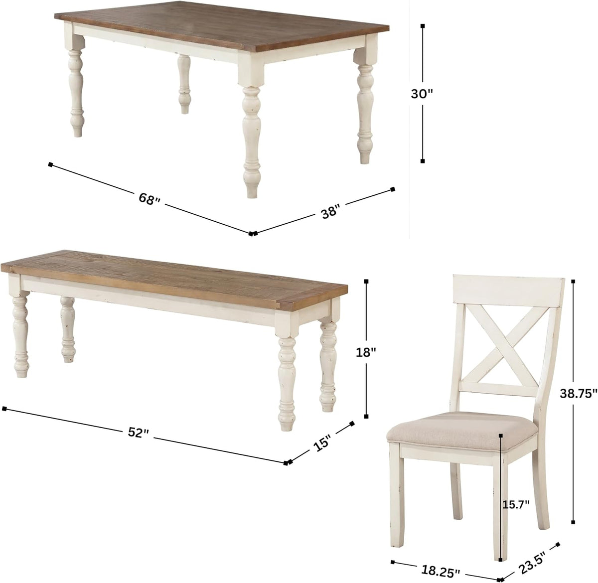Three views of the table, bench and chair with dimension callouts