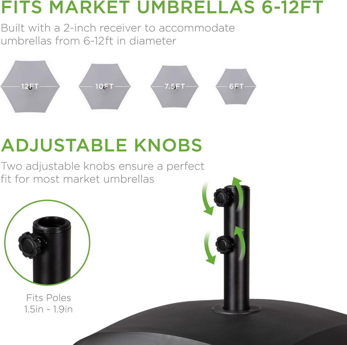Receiver tube close-up showing two adjustable tightening knobs on the umbrella base