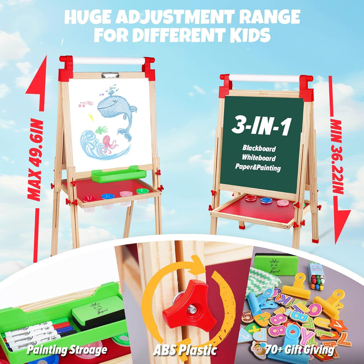 Two adjustable easels on a sky background with max and min height arrows shown