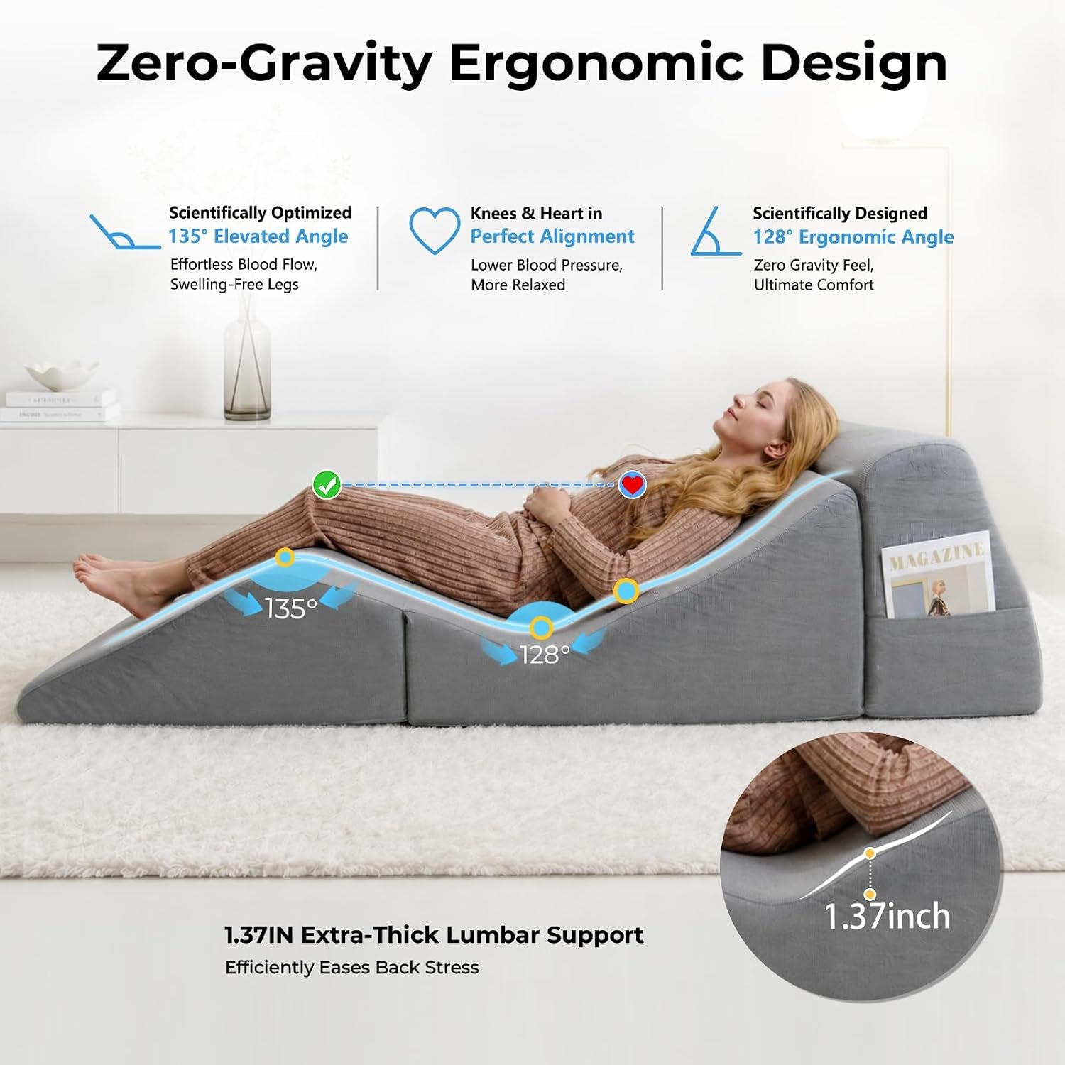 Side view of grey chaise showing ergonomic angles and labeled 128° and 135° support points