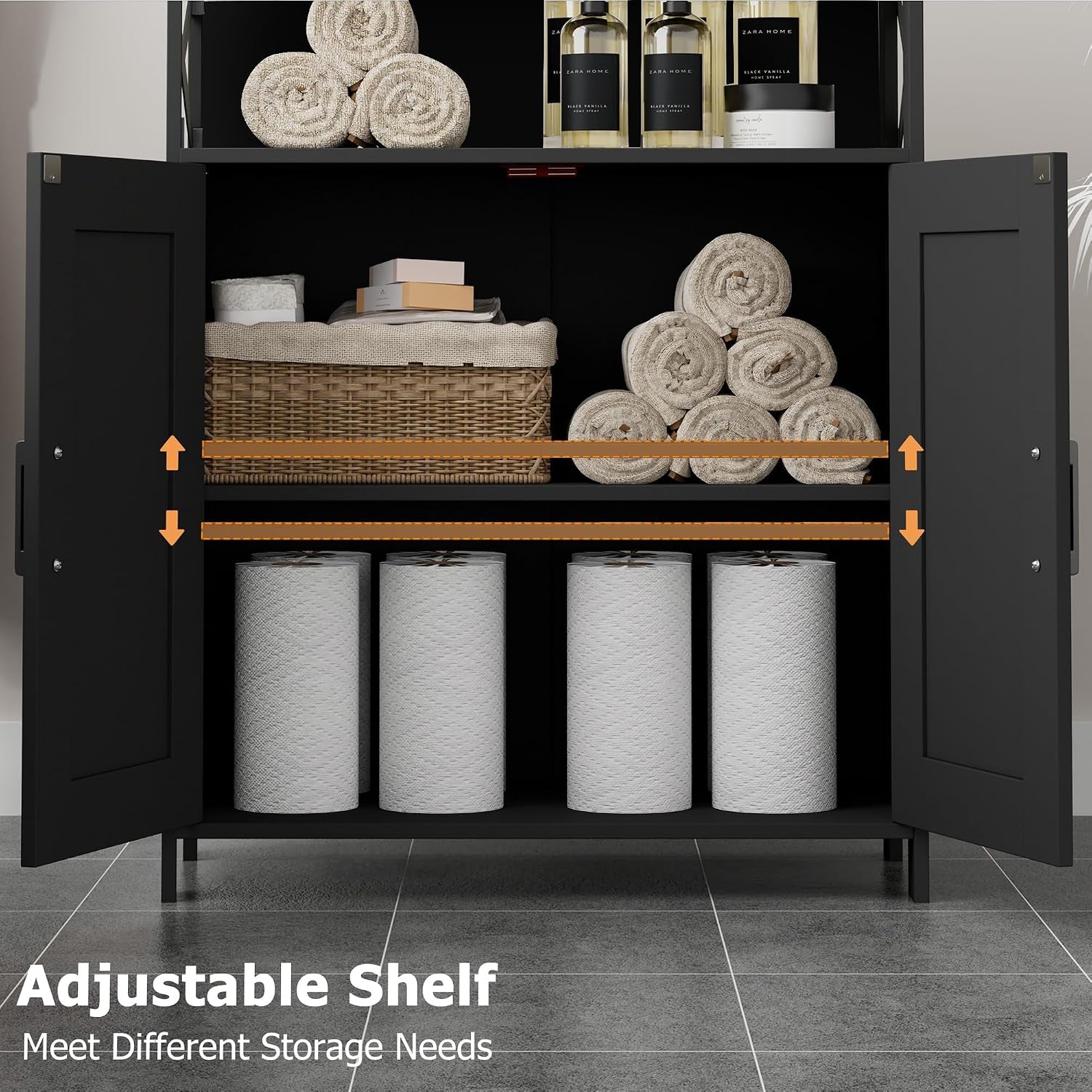 Open interior close-up of black cabinet showing the adjustable shelf positions and stored towels and paper rolls
