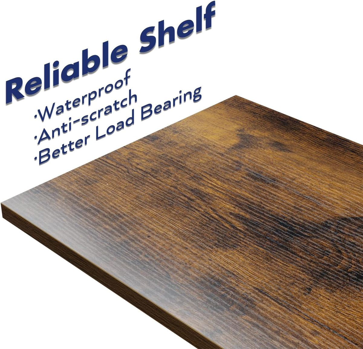 Close-up of wood-tone shelf panel showing wood grain texture and a waterproof, anti-scratch finish.