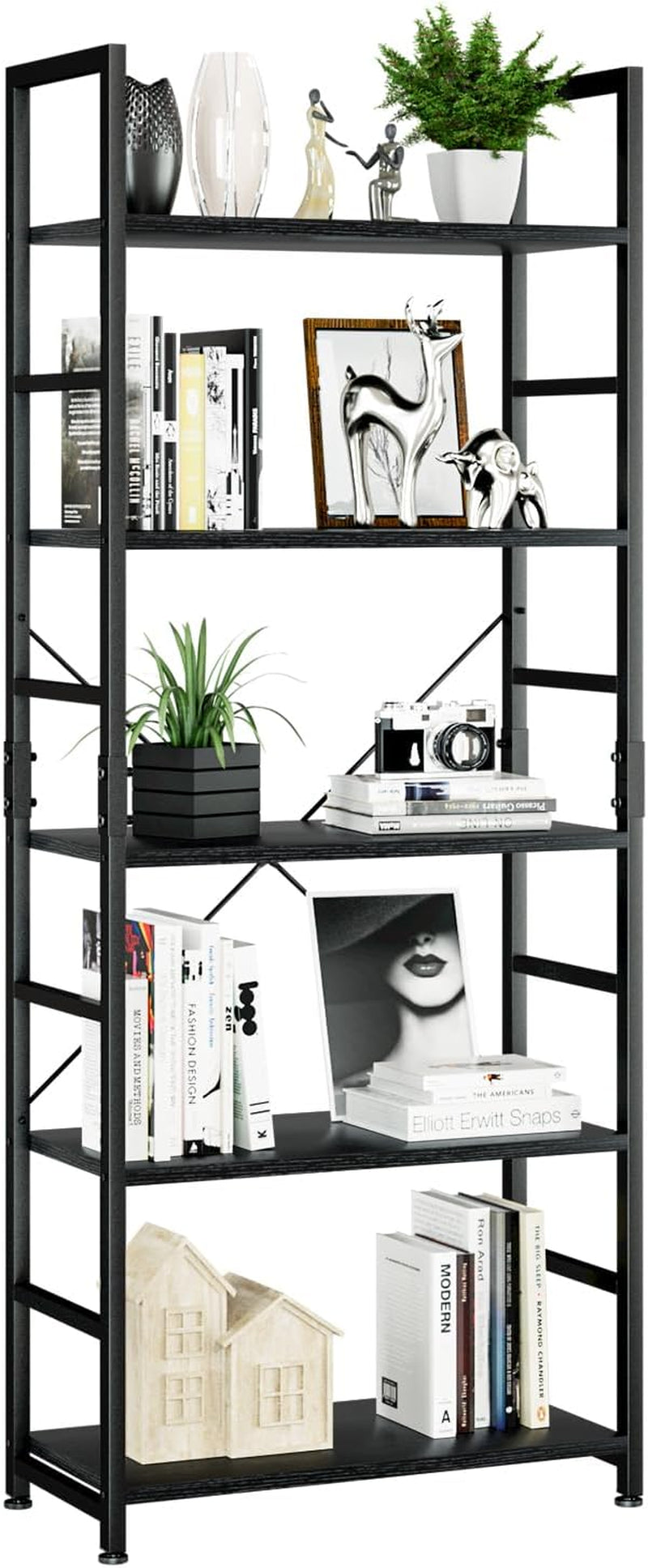 Tall black metal-framed bookshelf with five black wood-look shelves styled with books and decor.