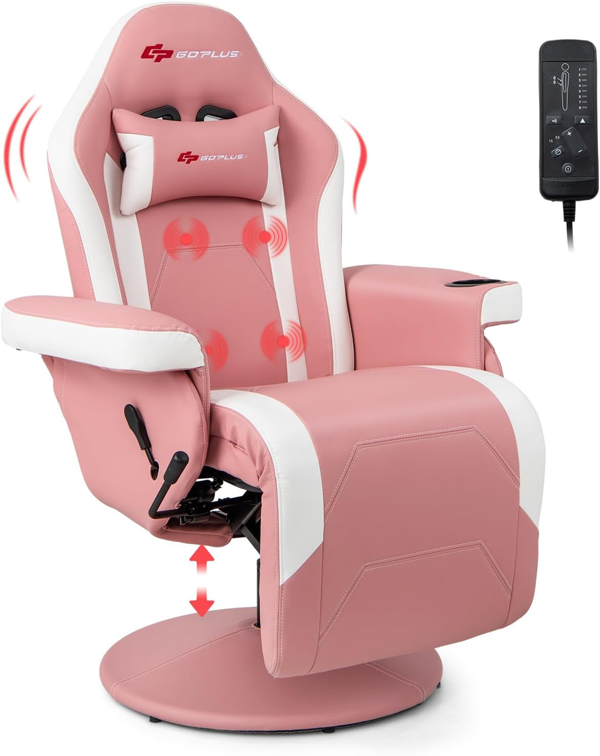 Pink-and-white gaming recliner showing footrest mechanism, head pillow and remote at right