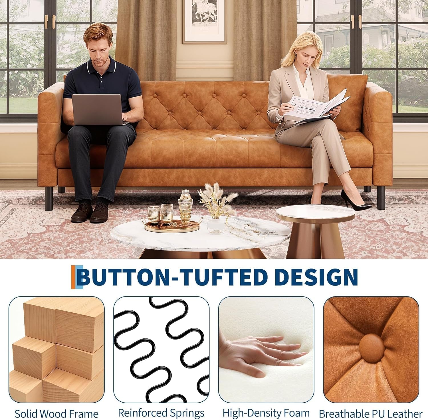 81" Leather Couch for Living Room, Chesterfield Sofa with Deep Seat, Handmade Button Tufted 3 Seater Sofa, Modern Leather Sofa for Apartment, or Office, Cognac Tan