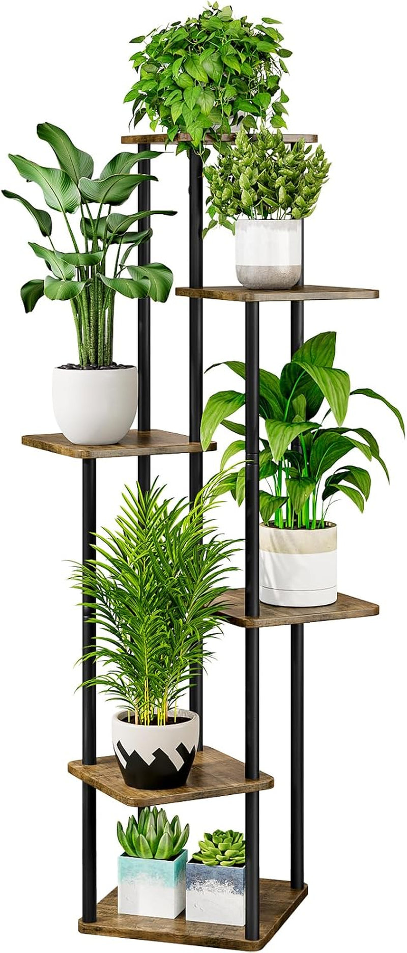 Full-height view of the black-frame 5-tier plant stand staged with tall leafy plants against a white background