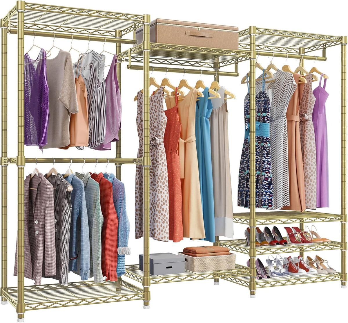 Gold-finish modular clothes rack showing hanging rods, top shelves and stacked shoe shelves with accessories.