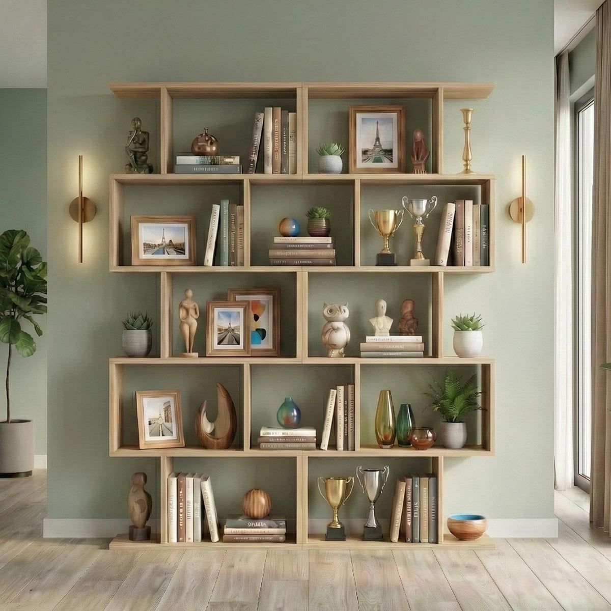 Oak-finish S-shaped 5-tier bookcase set filled with books and decor against a green wall, front view