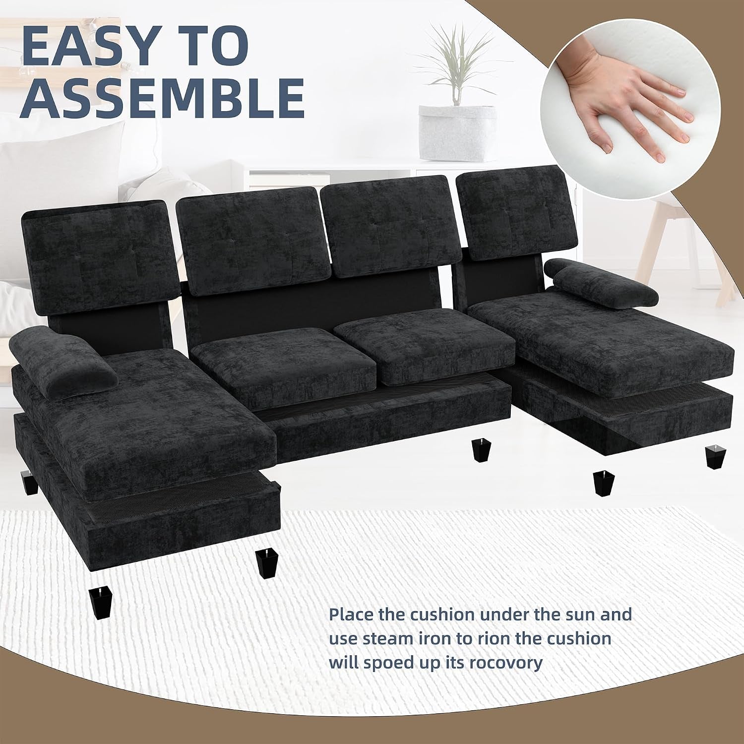 Exploded view of the sectional with legs and cushions removed to show assembly components