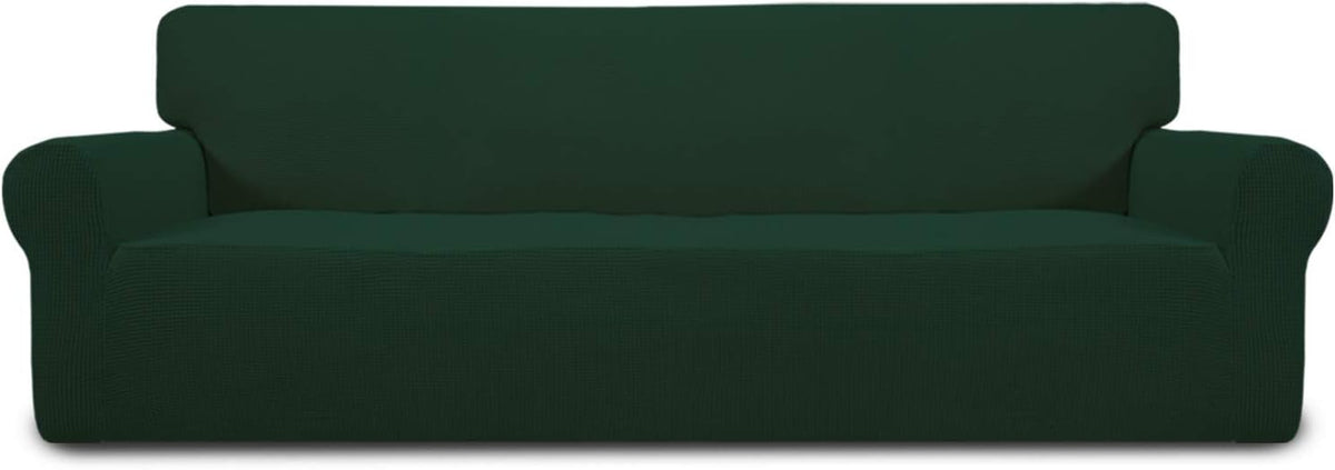Full-width front view of a three-seat style loveseat covered in a deep forest green stretch slipcover.