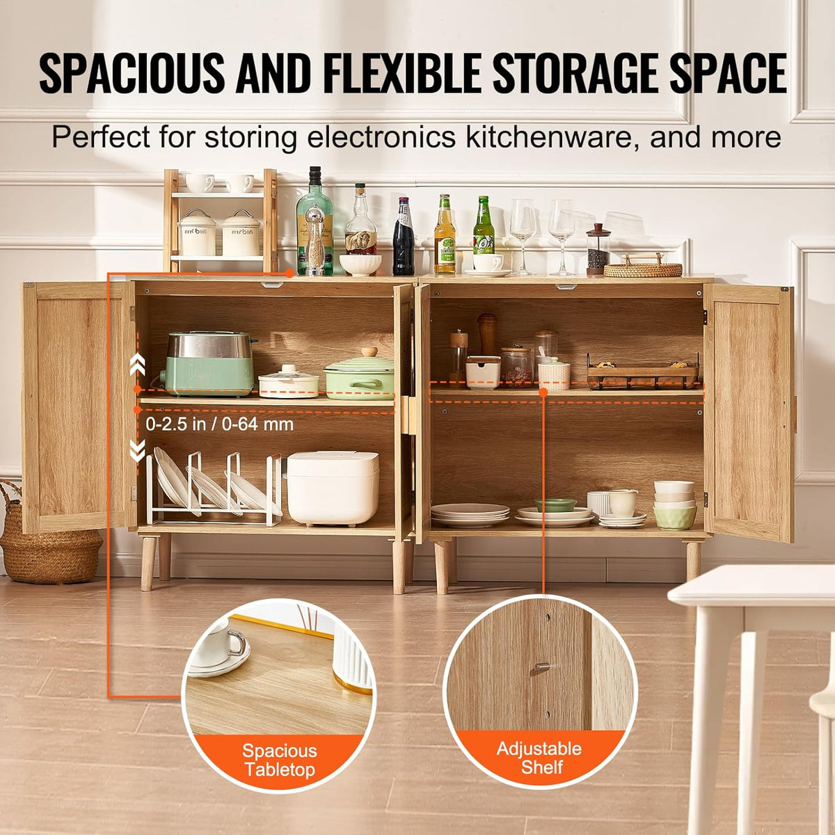 Open buffet interior close-up showing adjustable shelf placement and spacious storage for kitchenware