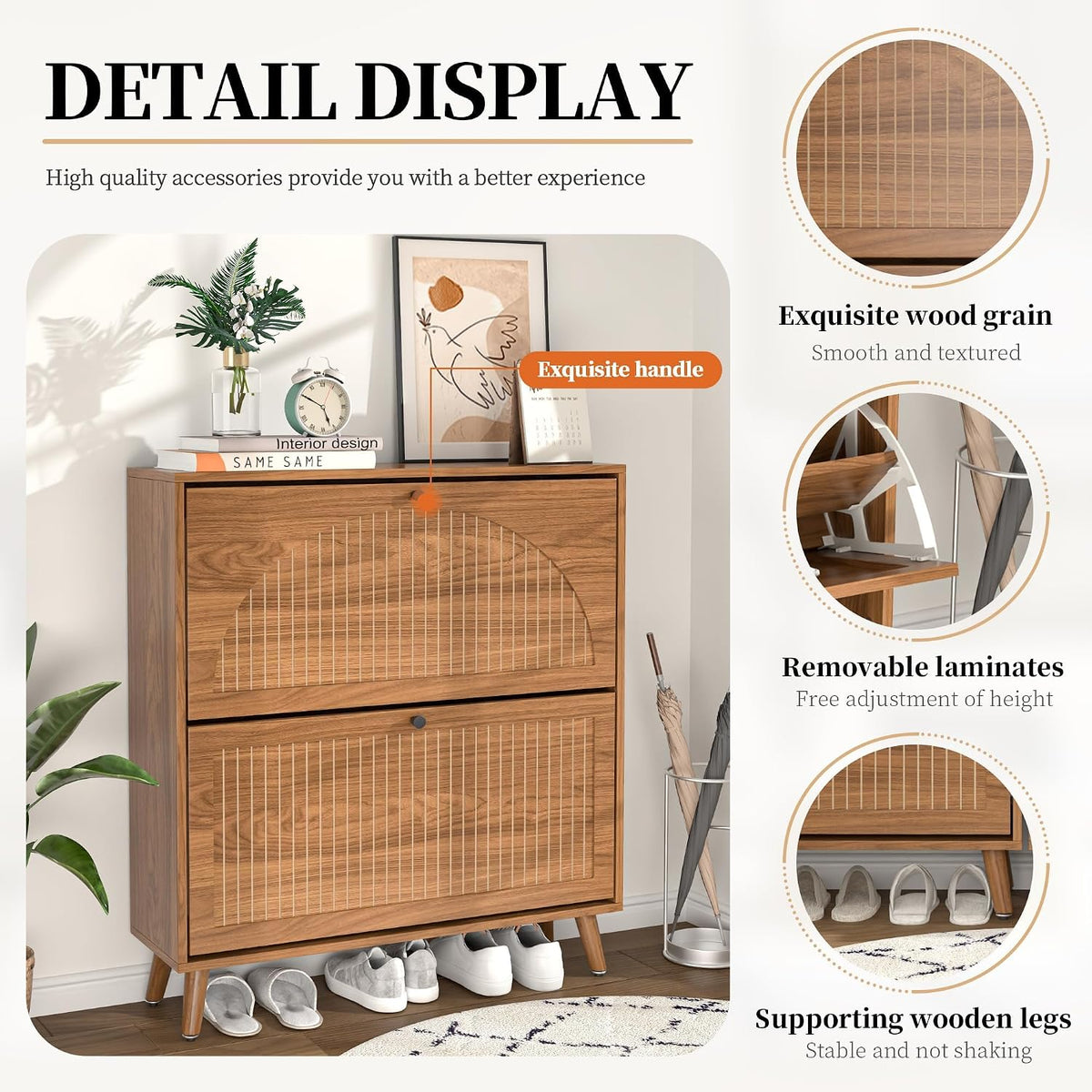 Detail collage highlighting wood grain finish, removable shelf hardware, and supporting tapered wooden legs