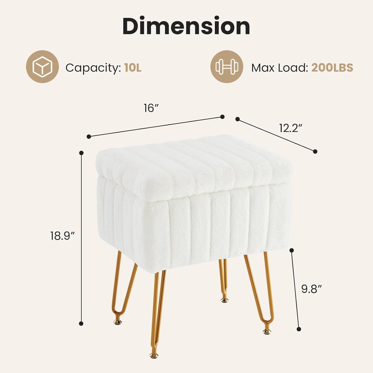 Dimension graphic showing a white faux fur ottoman with measurements and gold legs