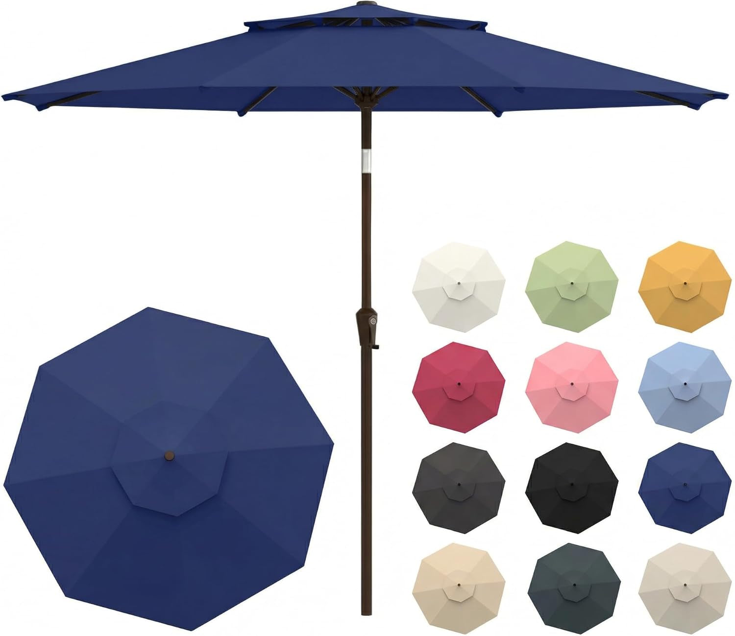 Navy blue 10ft patio umbrella open on brown pole with top vent and assorted color thumbnails to the right