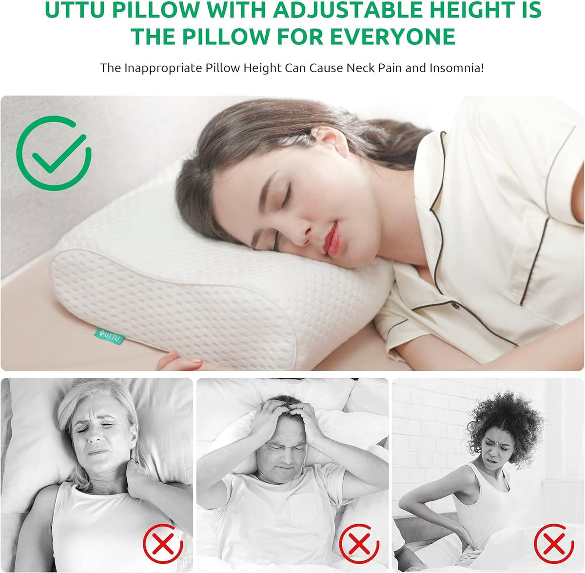Woman sleeping on a white contour cervical pillow in a bedroom side view