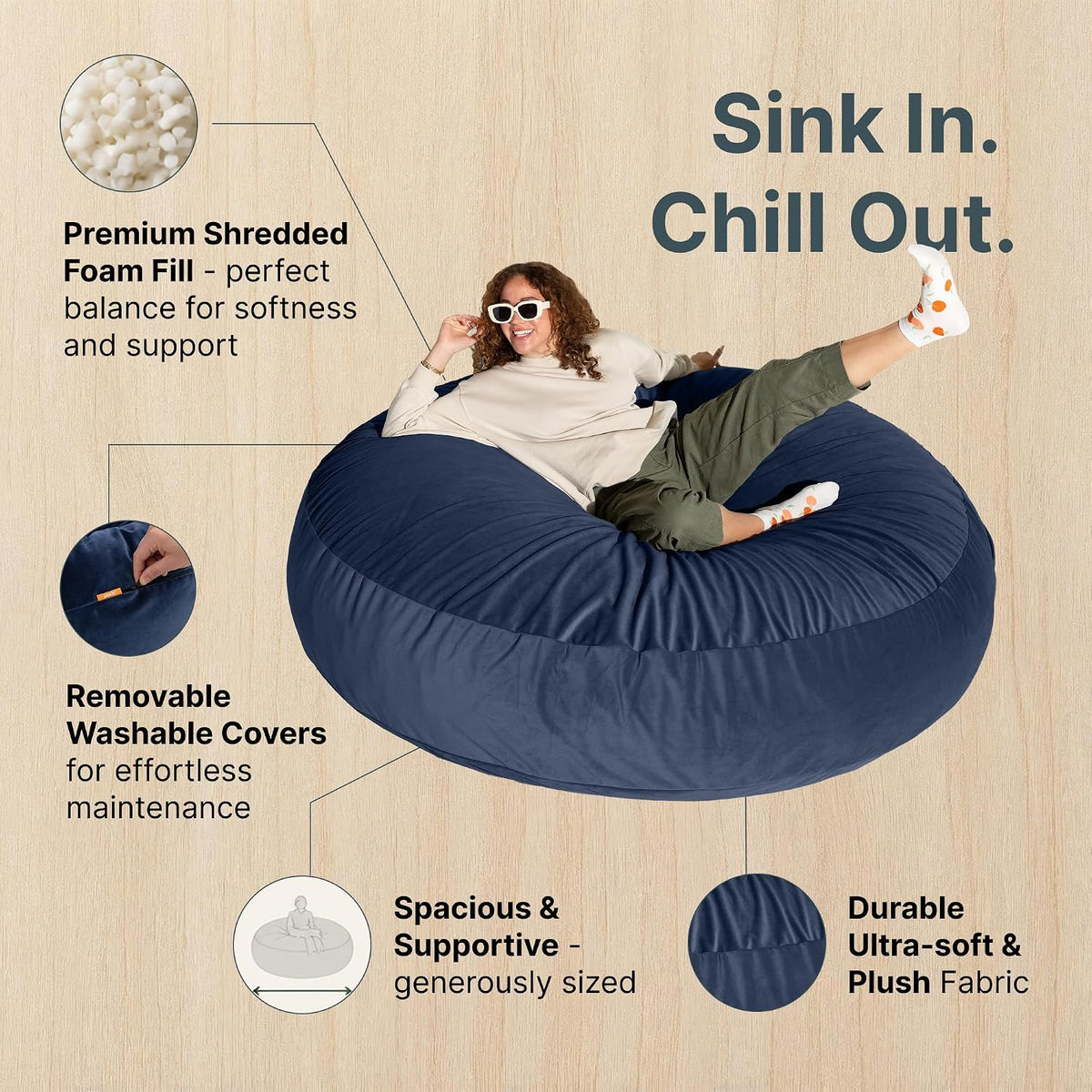 Feature diagram highlighting premium shredded foam fill, removable washable cover and plush fabric