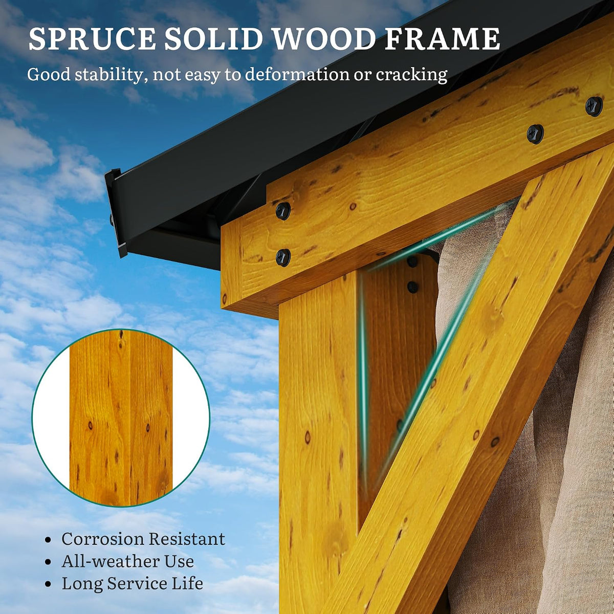 Close-up of the gazebo’s yellow-toned wooden column and corner brace highlighting wood grain and joinery details