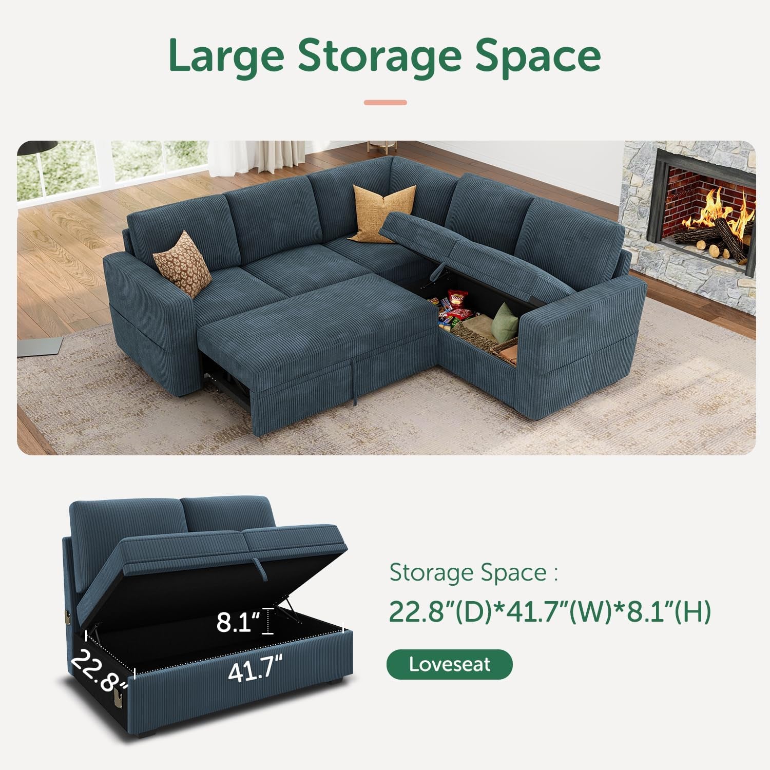 Modular Sectional Sleeper Couch with Pull Out Bed, Corduroy L Shaped Sofa with Storage, Convertible Sectional Couches for Living Room, Blue