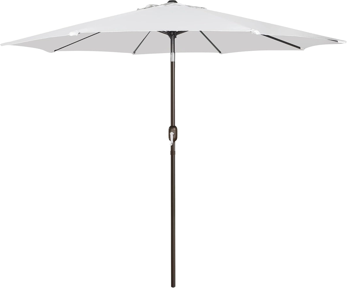 Light gray patio umbrella open, straight pole and crank visible