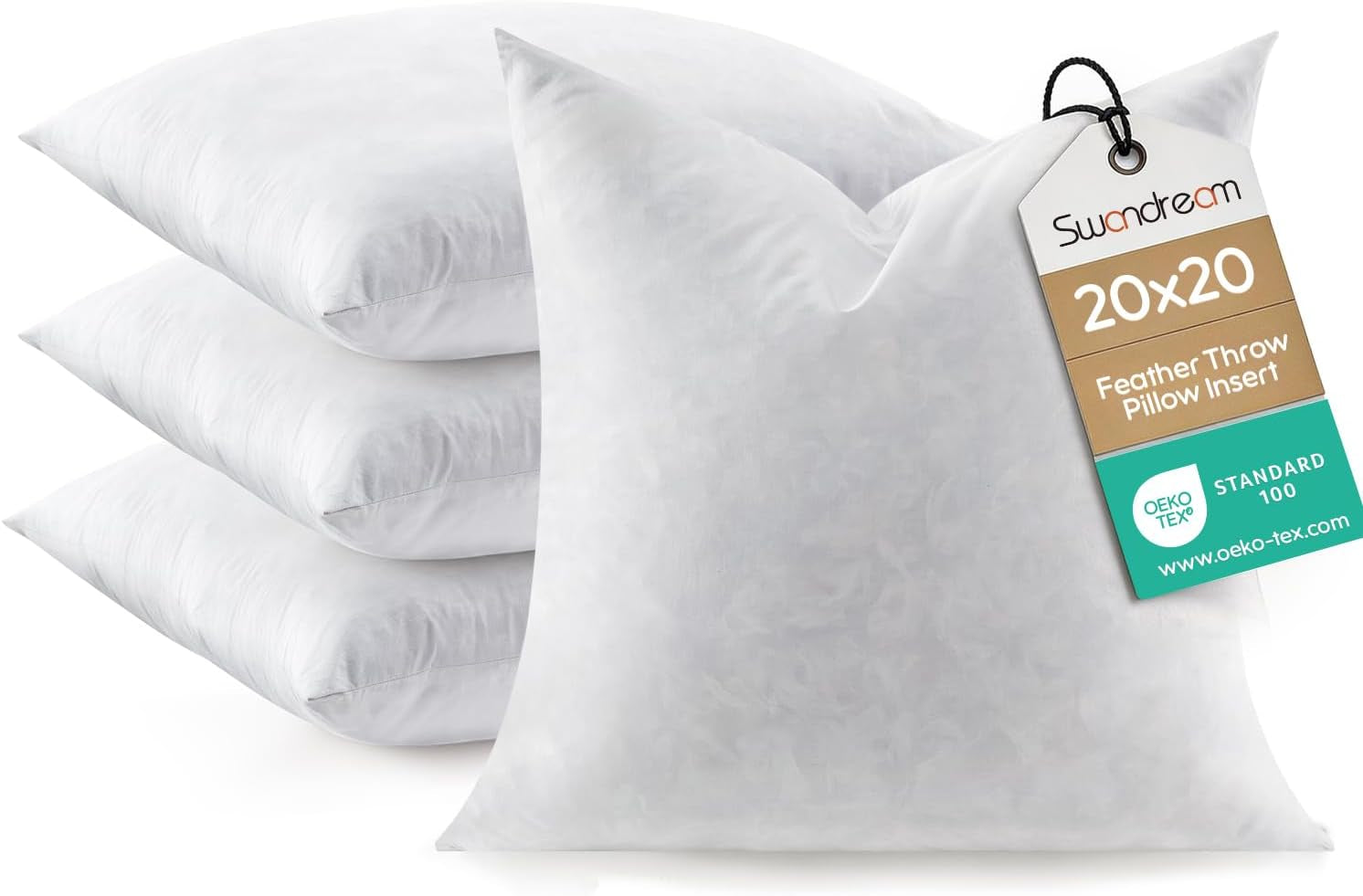White feather blend throw pillow inserts stacked with one front pillow and a size tag, angled view