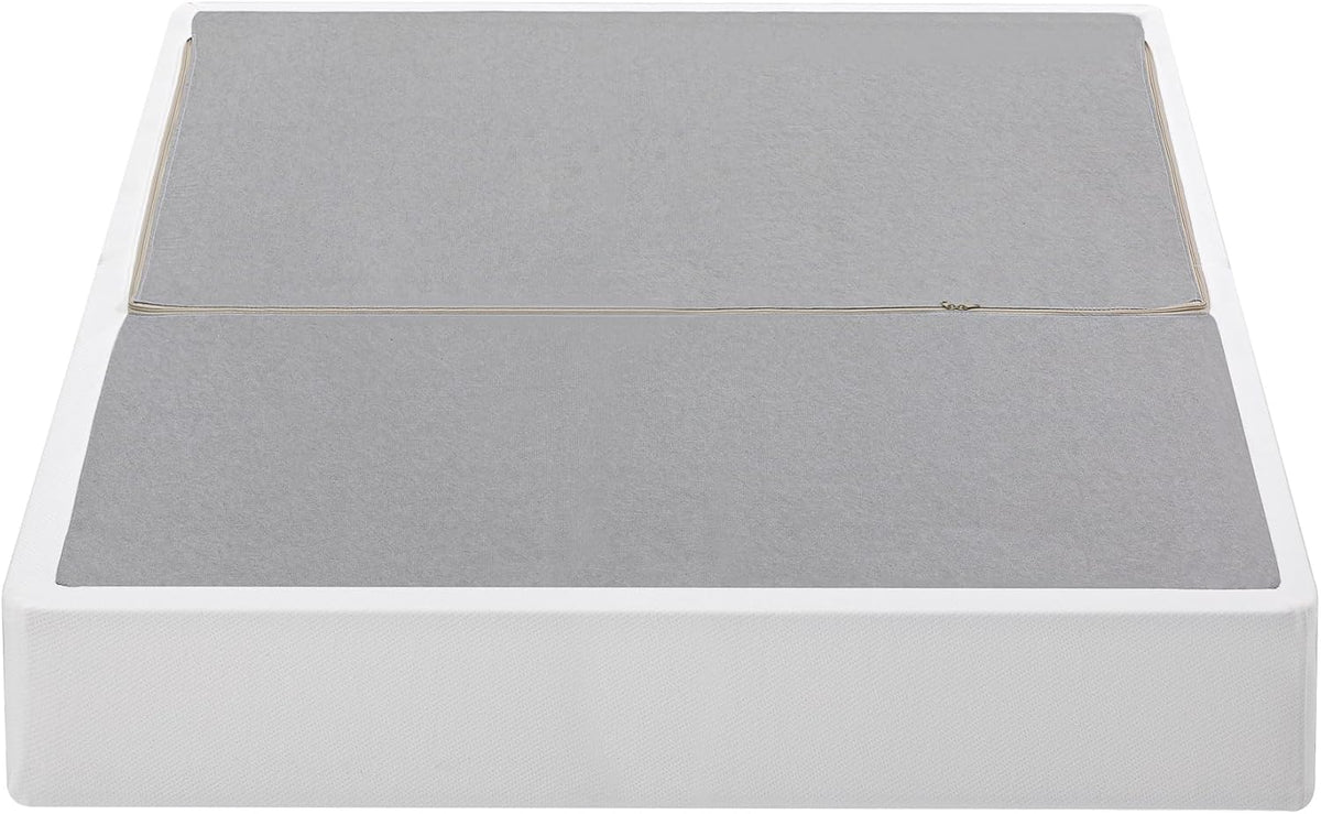 Top-down view of a white box spring showing two gray fabric panels separated by a center seam.