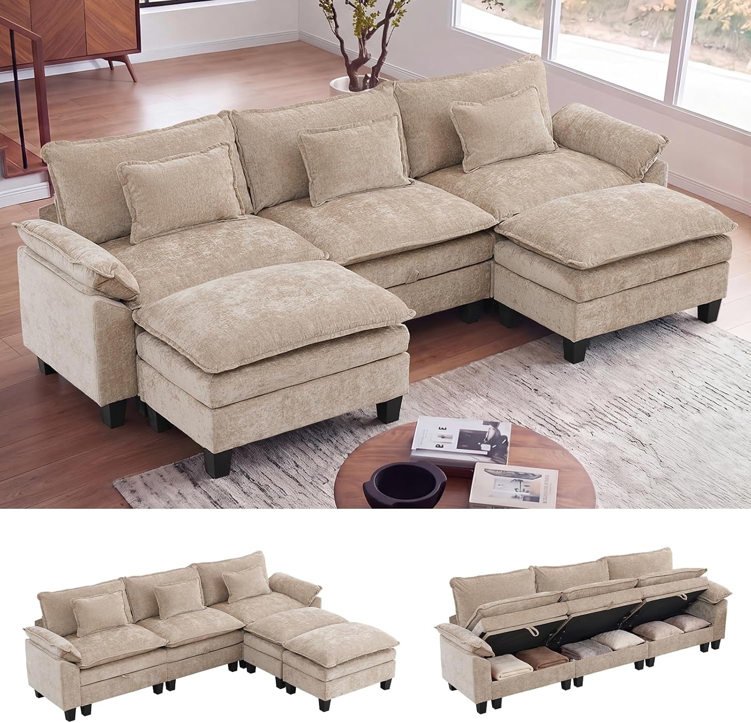 Light beige modular sectional shown from a slight angle with ottoman front, small images below reveal storage compartment