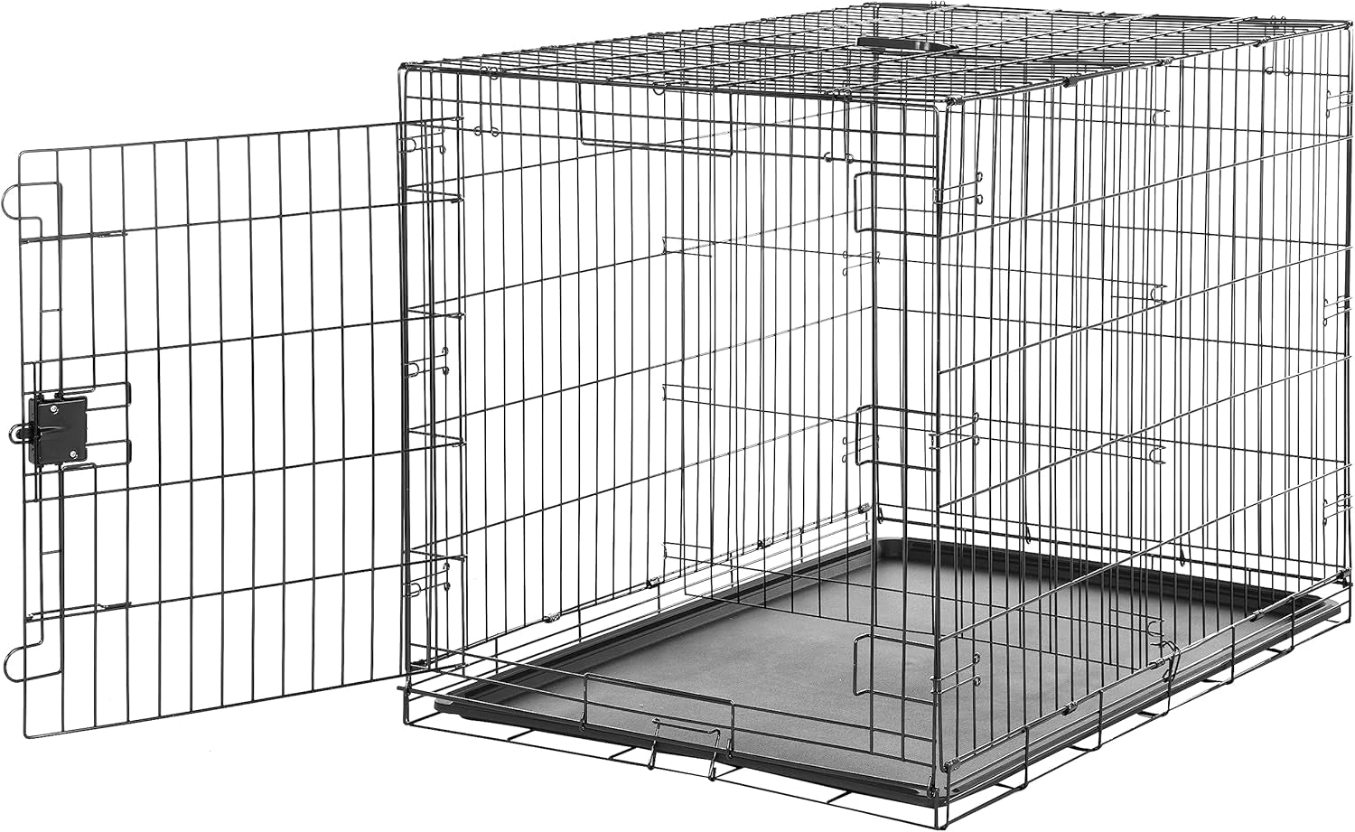 Angled front-right view of a black wire dog crate with the front door open and plastic tray seated inside.