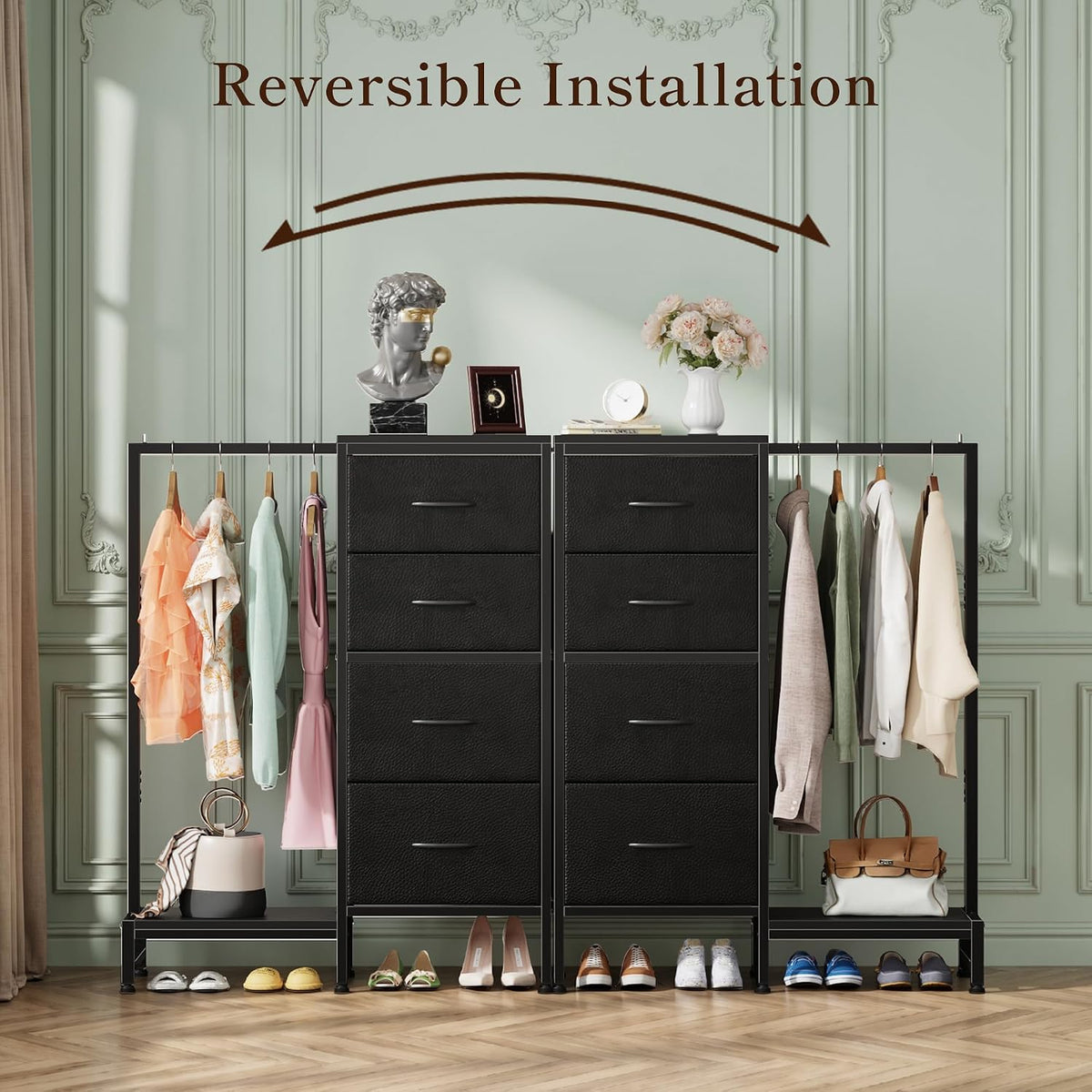 Tall black dresser with hanging racks on both sides, clothes and shoes arranged underneath