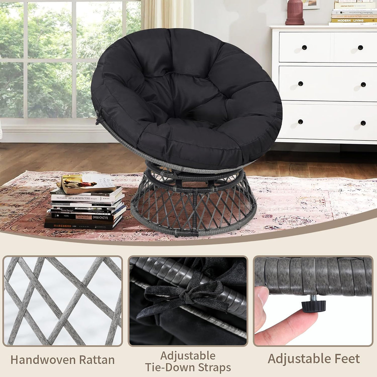 Three-quarter view of a papasan chair with a dark tufted cushion on a woven swivel base beside a white dresser and stacked