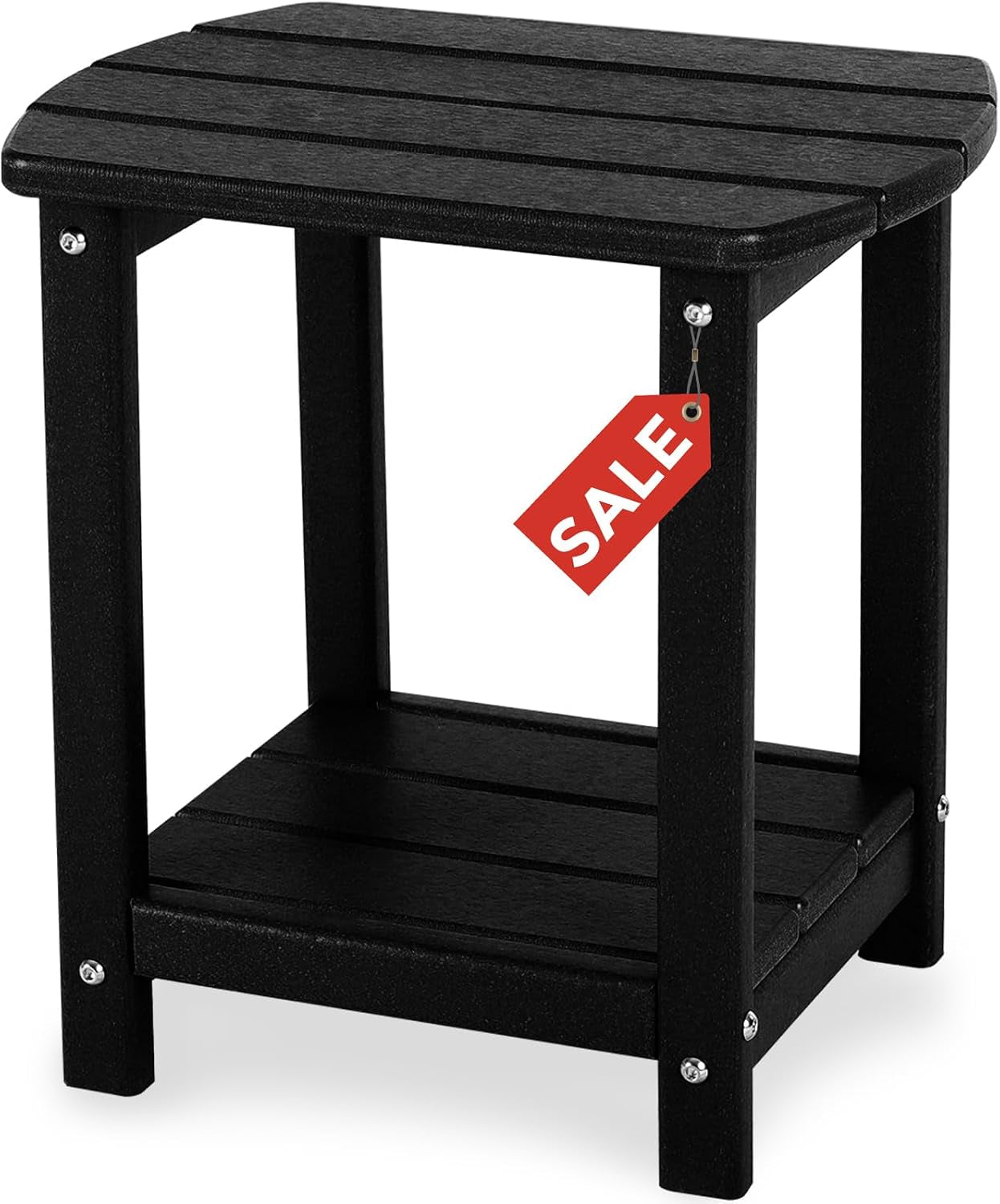 Black two-tier Adirondack-style side table shown front three-quarter on white background