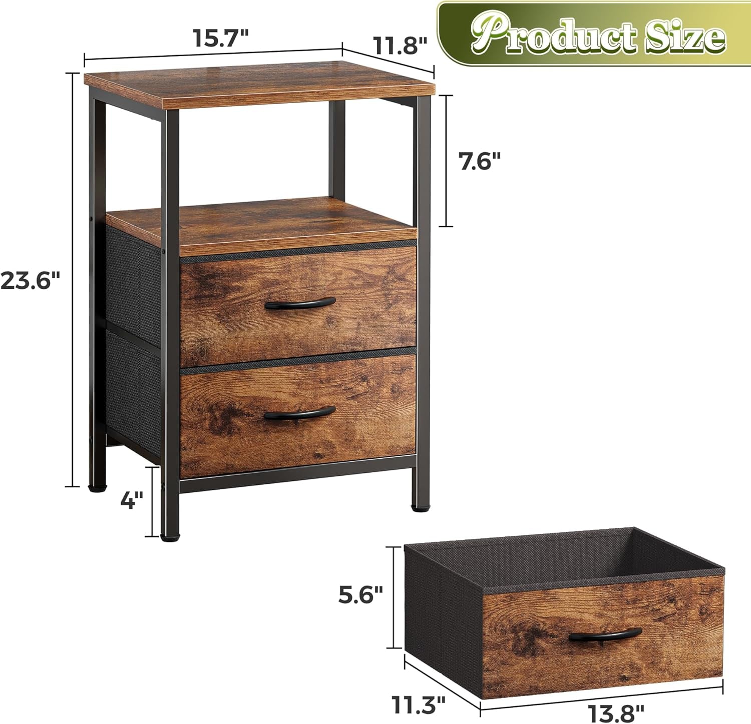 Dimension diagram showing nightstand measurements 15.7" W, 11.8" D, 23.6" H and drawer size 13.8"×11.3"×5.6"