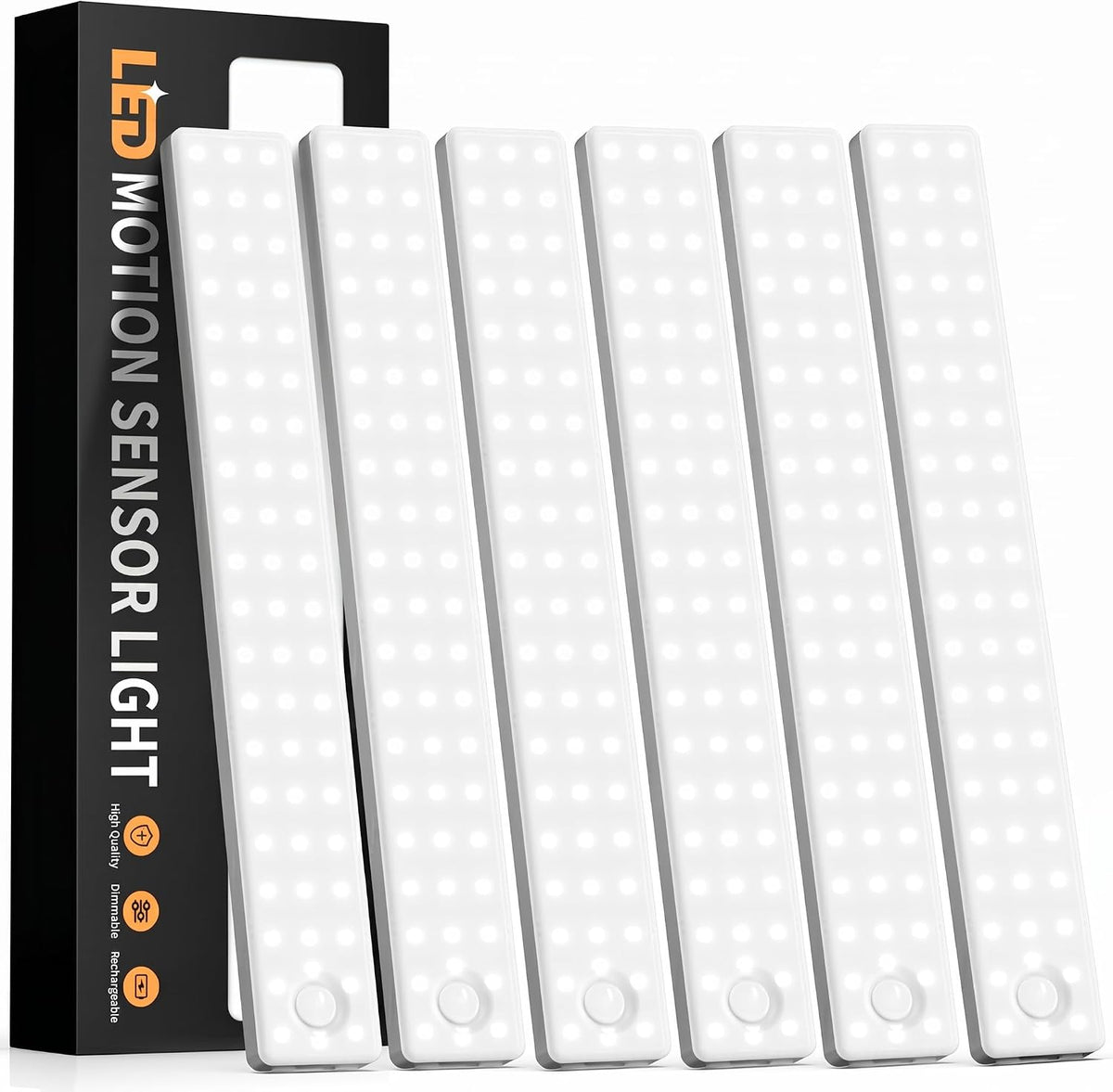 Front-angled view of six slim LED under-cabinet light bars leaning against a black product box.