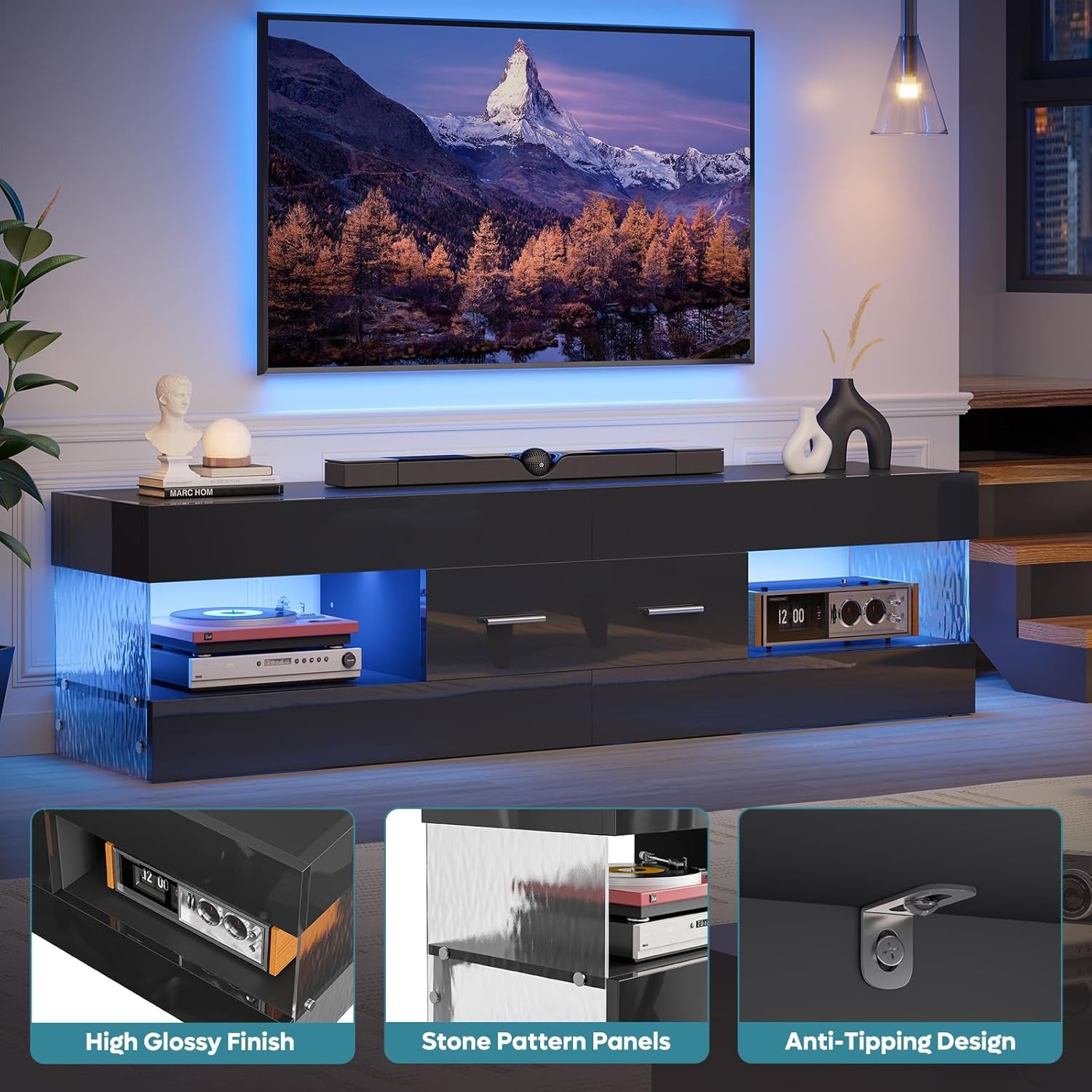 Black TV stand in a living room with blue LED shelf lighting and three inset detail panels
